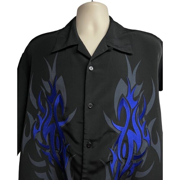 Dragonfly Mens Vintage Rockabilly Black Blue Embroidered Flames Button Up Shirt - Picture 4 of 8
